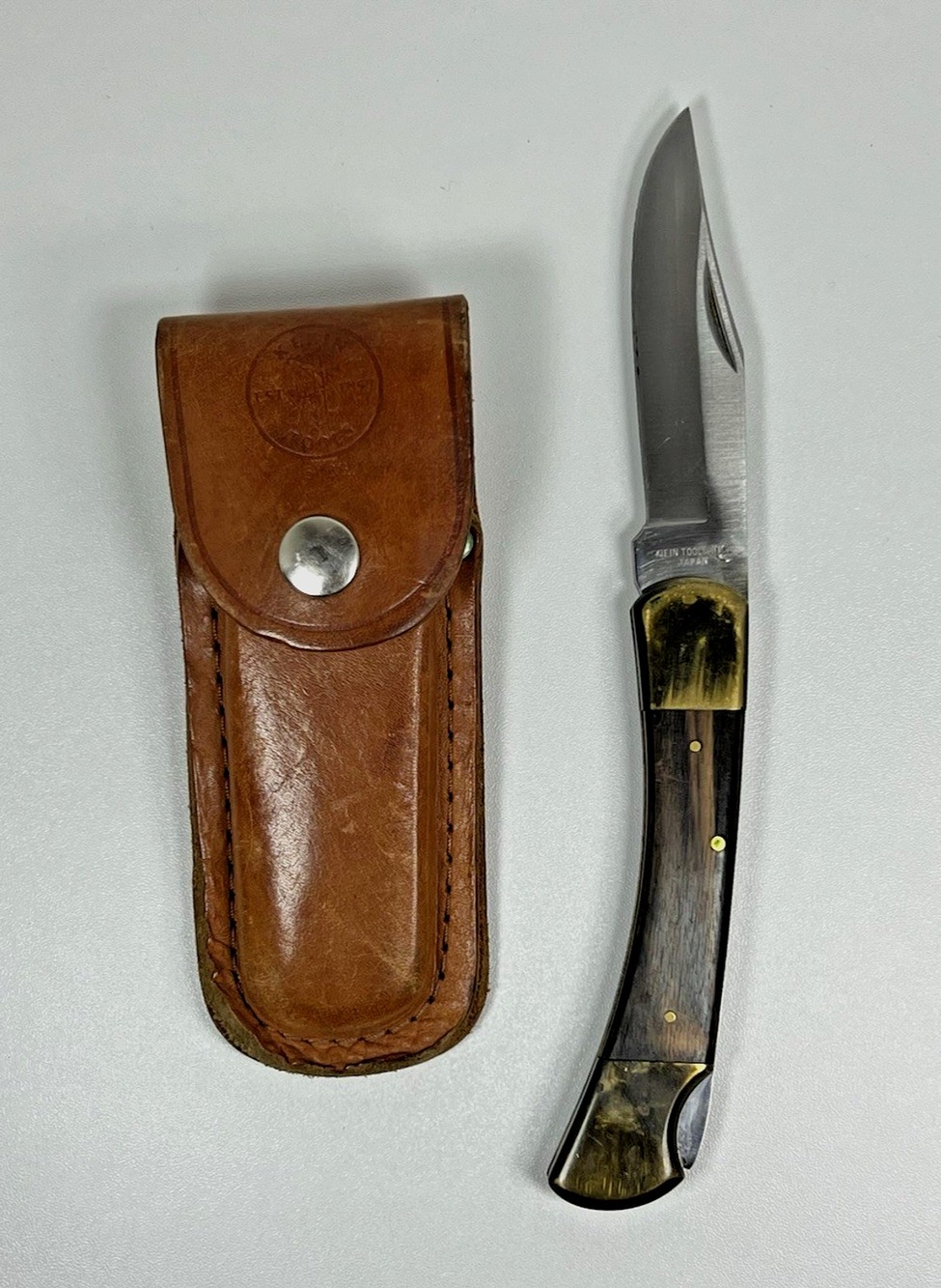 Vintage 1970s Klein Tools Linemans 4in Locking Jack Knife and Leather Case Japan